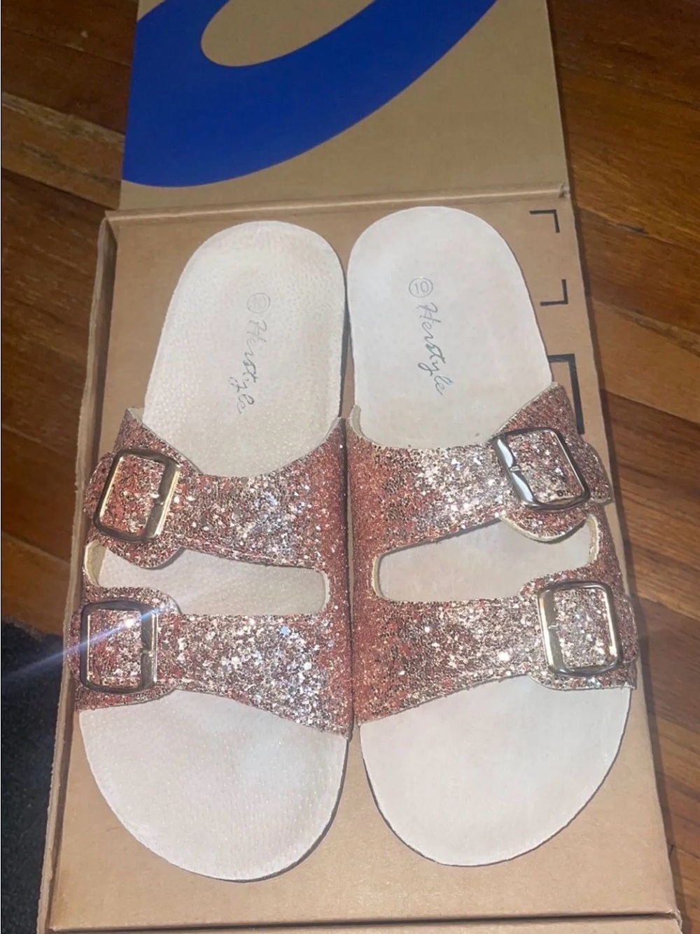 New in box Herstyle brand rose gold slides, size 10  Rose Gold Glitter Sandals